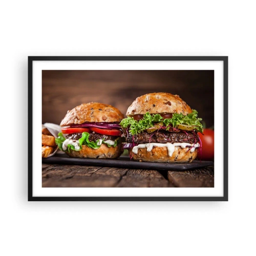 Póster en marco negro - Deliciosas hamburguesas con verduras y salsa. - 70x50cm - El sueño americano - Decoración de pared moderna para salón y dormitorio ARTTOR