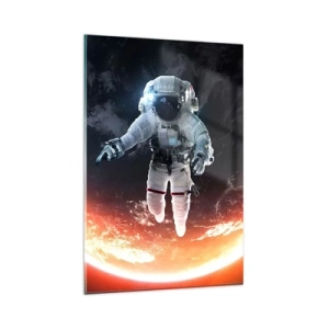 Cuadro sobre vidrio - Impresiones sobre Vidrio - Un astronauta flotando sobre una Tierra iluminada por el sol. - 80x120cm - ¿Puedo quedarme un rato más? - Decoración de pared moderna para salón y dormitorio ARTTOR