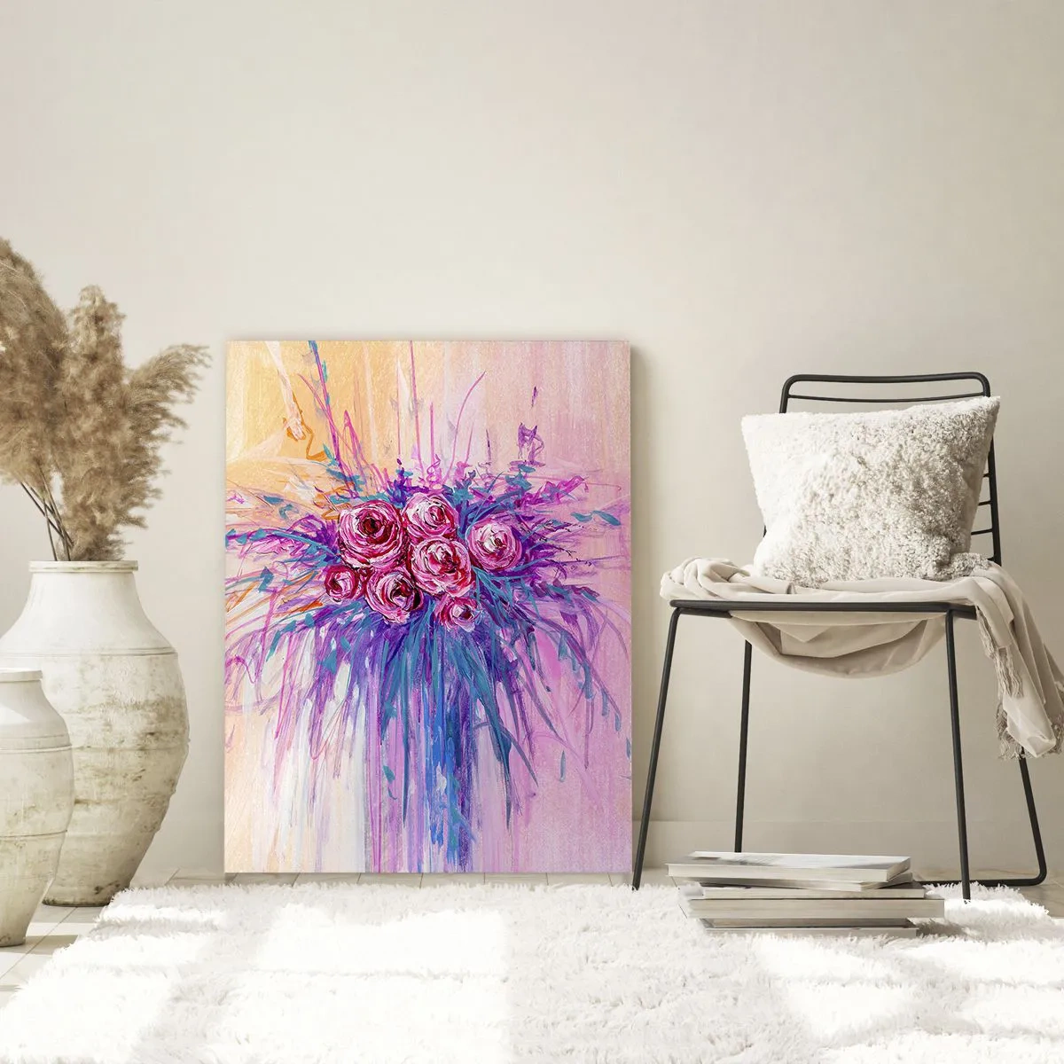 Cuadro sobre vidrio - Impresiones sobre Vidrio - Un ramo de rosas en tonos rosa y morado sobre un fondo pastel. - 50x70cm - Fuente de rosas - Decoración de pared moderna para salón y dormitorio ARTTOR