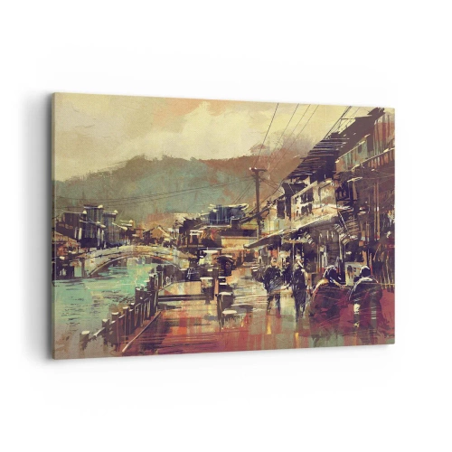 Cuadro sobre lienzo - Impresión de Imagen - Un pueblo con un puente y calles de estilo artístico. - 100x70cm - La vida como riqueza de grises - Decoración de pared moderna para salón y dormitorio ARTTOR