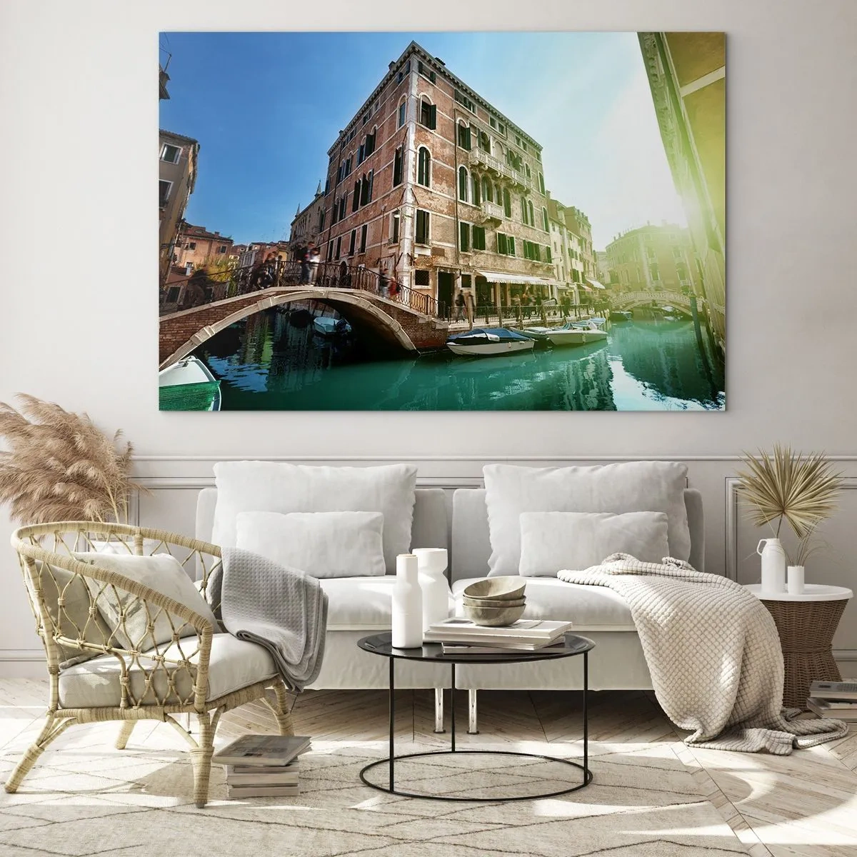 Cuadro sobre vidrio - Impresiones sobre Vidrio - Venecia con canal, puente y edificios históricos - 70x50cm - Venecia - Amore Mio - Decoración de pared moderna para salón y dormitorio ARTTOR