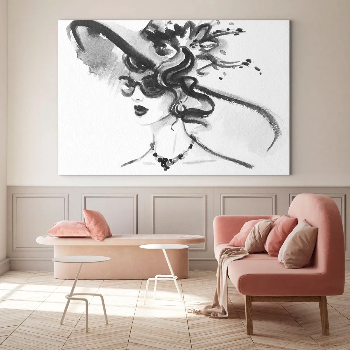 Cuadro sobre vidrio - Impresiones sobre Vidrio - Retrato en blanco y negro de una mujer con sombrero. - 70x50cm - Una dama con carácter - Decoración de pared moderna para salón y dormitorio ARTTOR