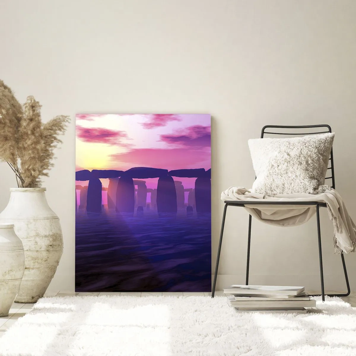 Cuadro sobre vidrio - Impresiones sobre Vidrio - Stonehenge a la luz de un atardecer rosado - 50x70cm - Misterio al amanecer en la niebla - Decoración de pared moderna para salón y dormitorio ARTTOR