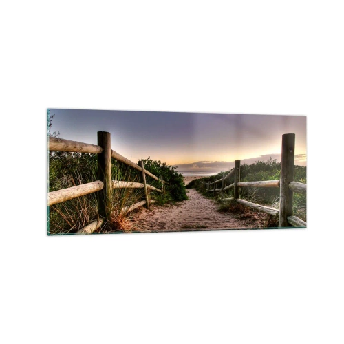 Cuadro sobre vidrio - Impresiones sobre Vidrio - Camino de madera en las dunas que conduce a la playa al atardecer - 120x50cm - Objetivo a la vista - Decoración de pared moderna para salón y dormitorio ARTTOR