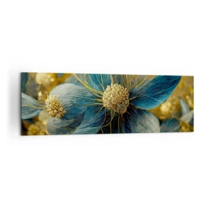 Cuadro sobre lienzo - Impresión de Imagen - Elegantes flores en tonos azules y dorados. - 160x50cm - Flor de oro - Decoración de pared moderna para salón y dormitorio ARTTOR