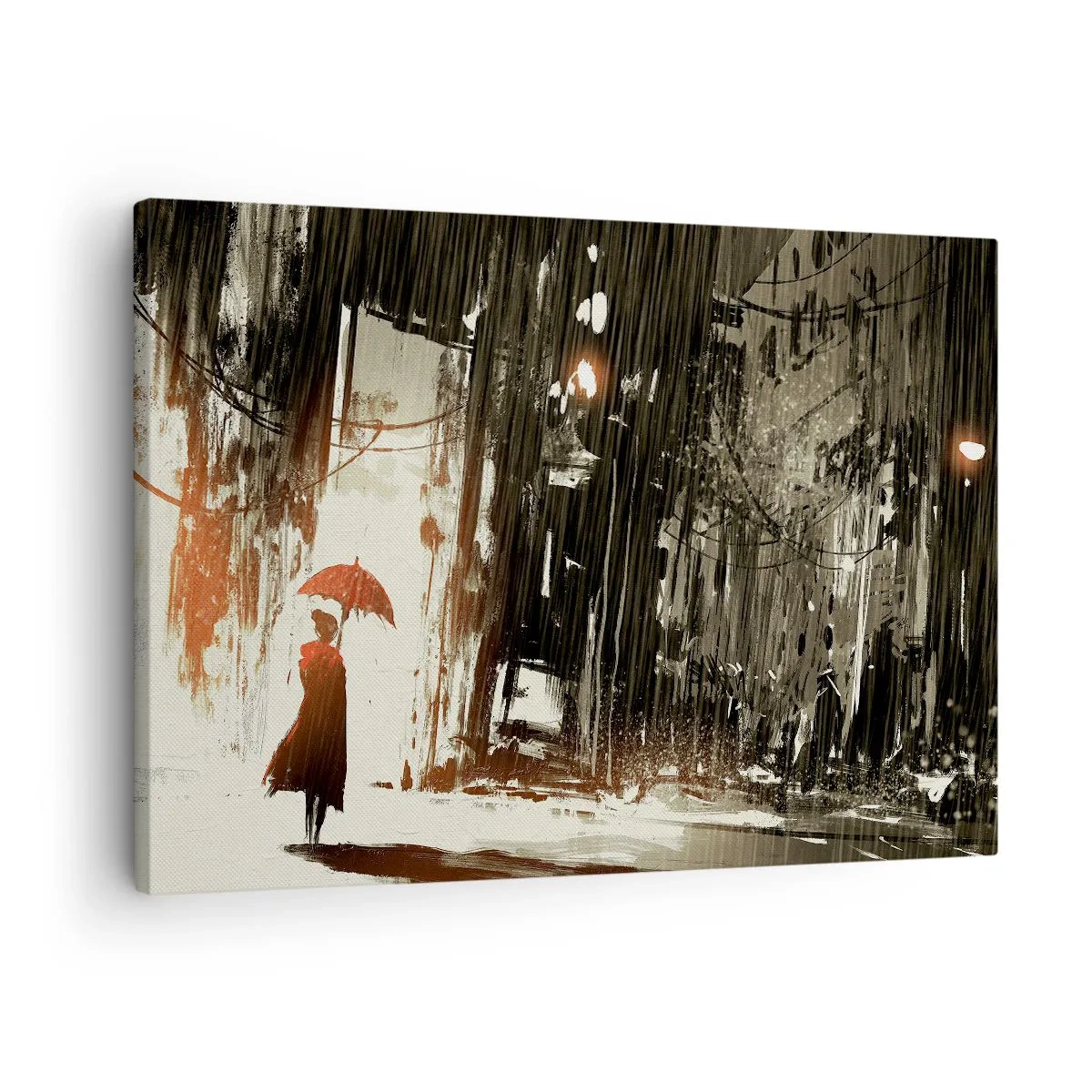 Cuadro sobre lienzo - Impresión de Imagen - Una figura roja con un paraguas en una escena lluviosa. - 70x50cm - Poesía de un paraguas rojo - Decoración de pared moderna para salón y dormitorio ARTTOR