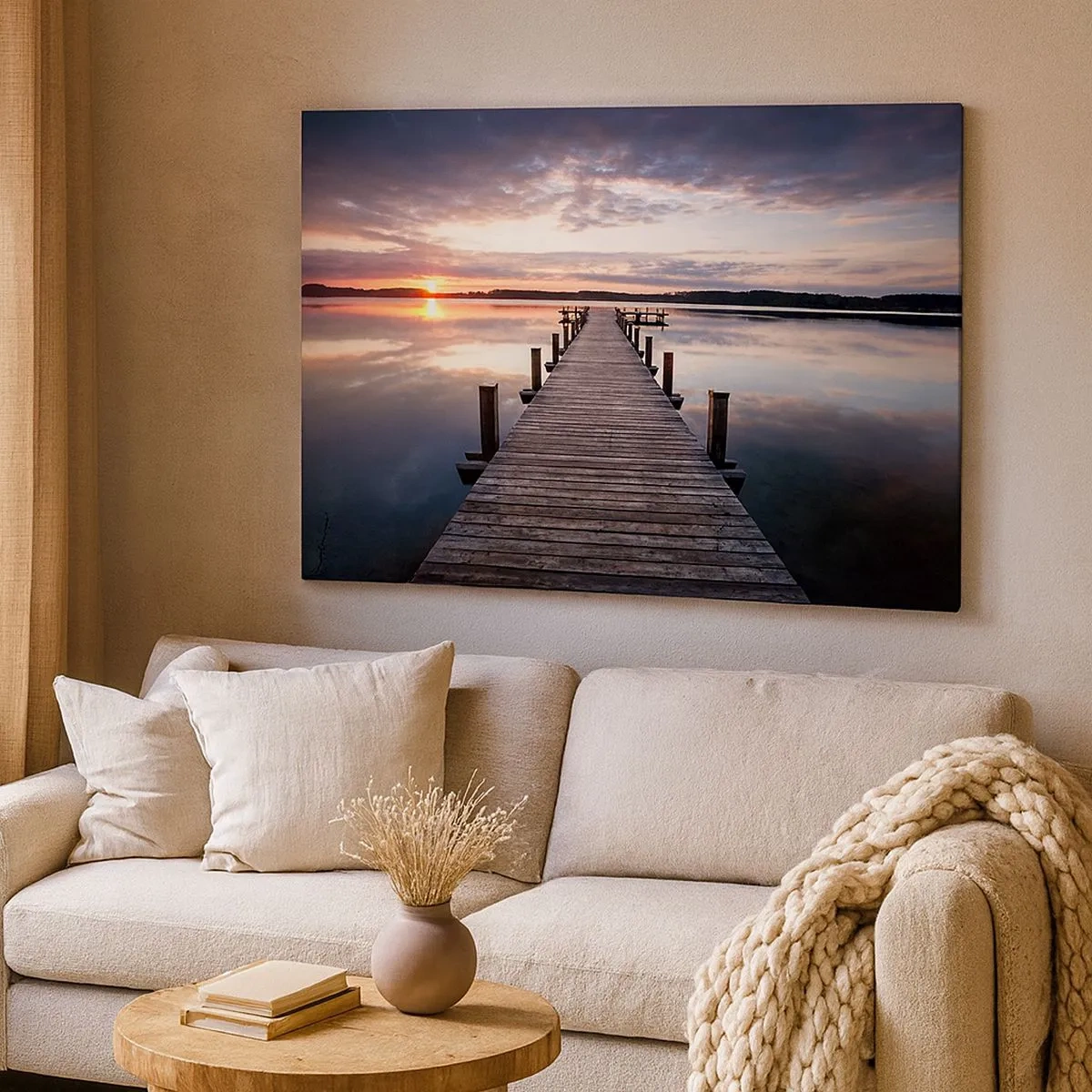 Cuadro sobre lienzo - Impresión de Imagen - Un muelle en un lago al atardecer en un paisaje tranquilo. - 70x50cm - Frontera silenciosa del día y la noche - Decoración de pared moderna para salón y dormitorio ARTTOR