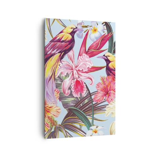 Cuadro sobre lienzo - Impresión de Imagen - Aves exóticas entre flores tropicales - 80x120cm - Pétalos y plumas - Decoración de pared moderna para salón y dormitorio ARTTOR