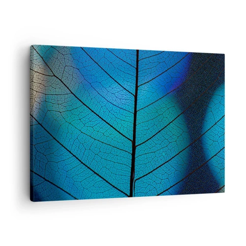 Cuadro sobre lienzo - Impresión de Imagen - Primer plano de una hoja azul con detalle de vena visible - 70x50cm - Construcción intrincada - Decoración de pared moderna para salón y dormitorio ARTTOR