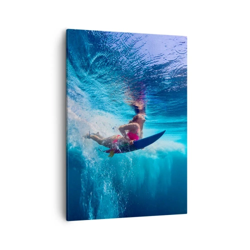 Cuadro sobre lienzo - Impresión de Imagen - Un surfista bajo el agua en una composición dinámica en tonos azules. - 50x70cm - La profundidad de la alegría - Decoración de pared moderna para salón y dormitorio ARTTOR