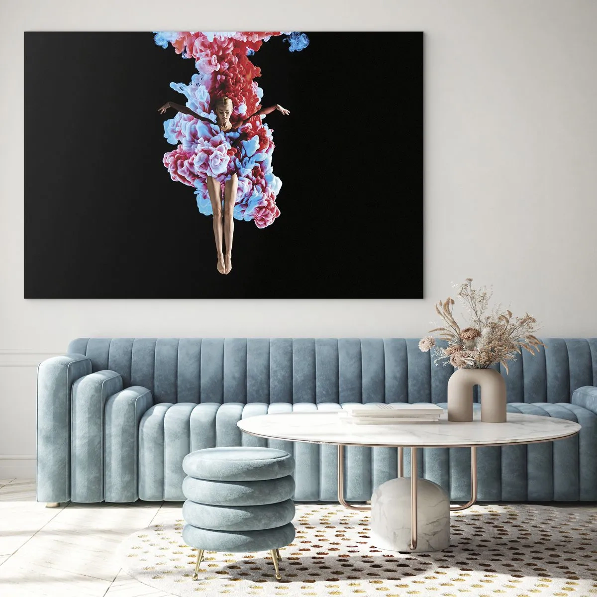 Cuadro sobre vidrio - Impresiones sobre Vidrio - Una bailarina rodeada de humo de colores sobre un fondo negro. - 120x80cm - En plena floración - Decoración de pared moderna para salón y dormitorio ARTTOR