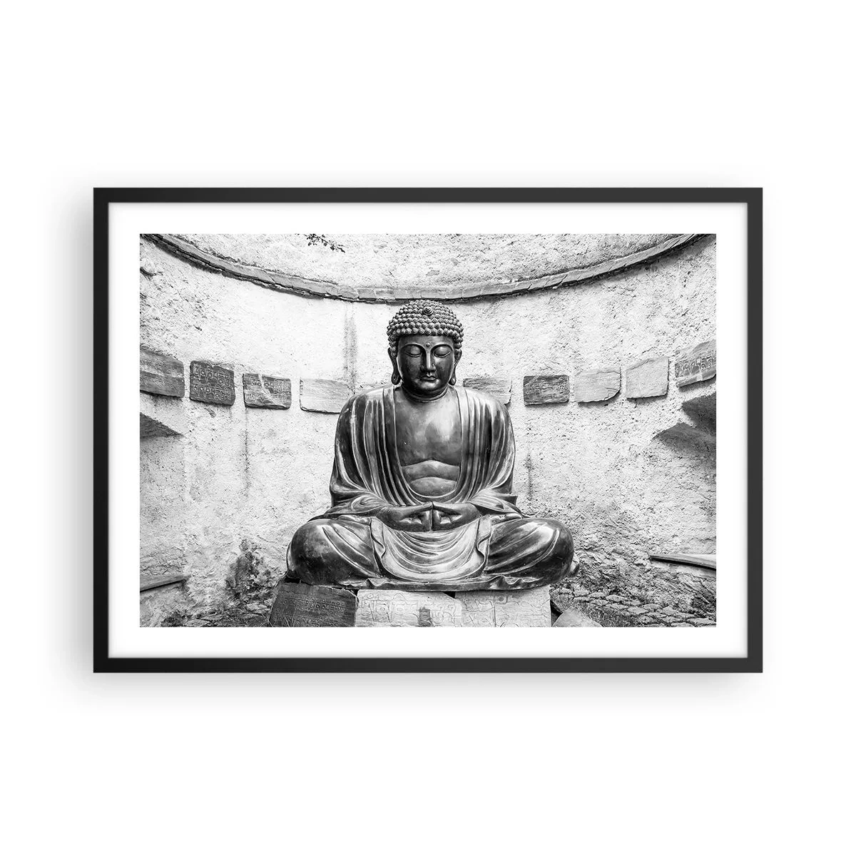 Póster en marco negro - Estatua de Buda en blanco y negro en pose meditativa. - 70x50cm - En la fuente de la paz - Decoración de pared moderna para salón y dormitorio ARTTOR