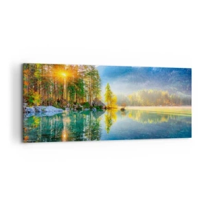 Cuadro sobre lienzo - Impresión de Imagen - Un lago rodeado de montañas y bosques bajo los rayos del sol. - 120x50cm - Majestuosidad y dulzura - Decoración de pared moderna para salón y dormitorio ARTTOR