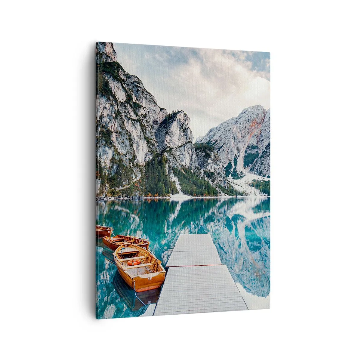 Cuadro sobre lienzo - Impresión de Imagen - Un lago con barcos rodeado de montañas. - 50x70cm - Te mostraremos la fuente de la belleza - Decoración de pared moderna para salón y dormitorio ARTTOR