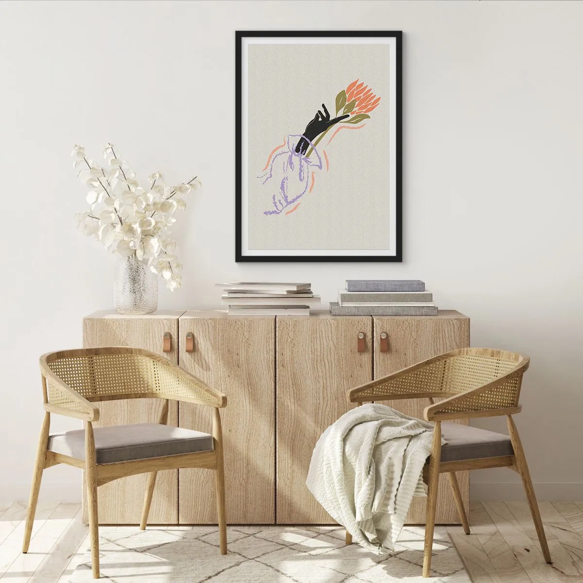 Póster en marco negro - Dibujo abstracto de una mano sosteniendo un ramo de flores. - 50x70cm - Un toque fraternal - Decoración de pared moderna para salón y dormitorio ARTTOR