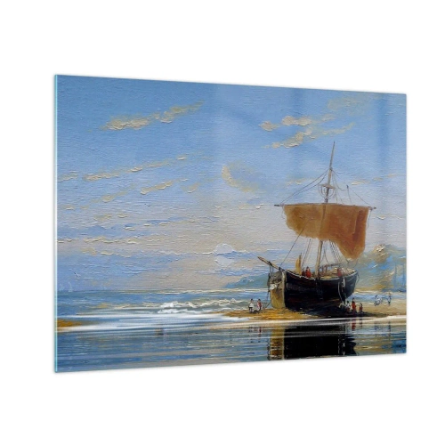 Cuadro sobre vidrio - Impresiones sobre Vidrio - Un barco con una vela en la orilla en estilo pictórico. - 70x50cm - Agua, tierra, aire - Decoración de pared moderna para salón y dormitorio ARTTOR