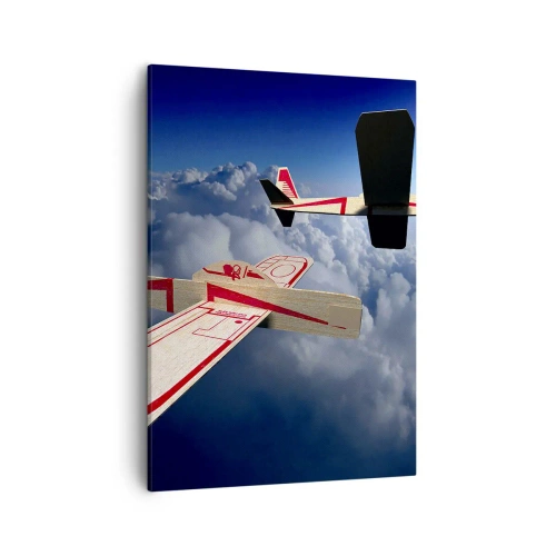 Cuadro sobre lienzo - Impresión de Imagen - Dos aviones de madera volando sobre las nubes contra un cielo azul. - 50x70cm - Más alto, más lejos - Decoración de pared moderna para salón y dormitorio ARTTOR