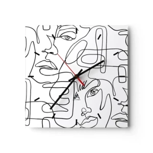 Reloj de pared - Reloj de vidrio - Un dibujo minimalista de una cara con líneas sobre un fondo claro. - 30x30cm - Entre emociones enredadas - Decoración de pared moderna para salón y dormitorio ARTTOR