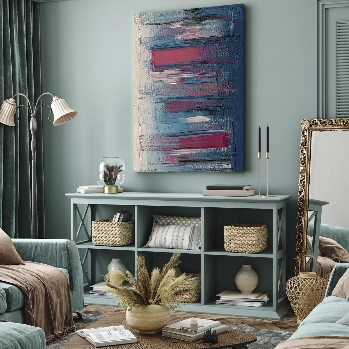 Cuadro sobre lienzo - Impresión de Imagen - Formas verticales abstractas en tonos azules y rojos. - 50x70cm - Composición vertical en azul y rojo - Decoración de pared moderna para salón y dormitorio ARTTOR