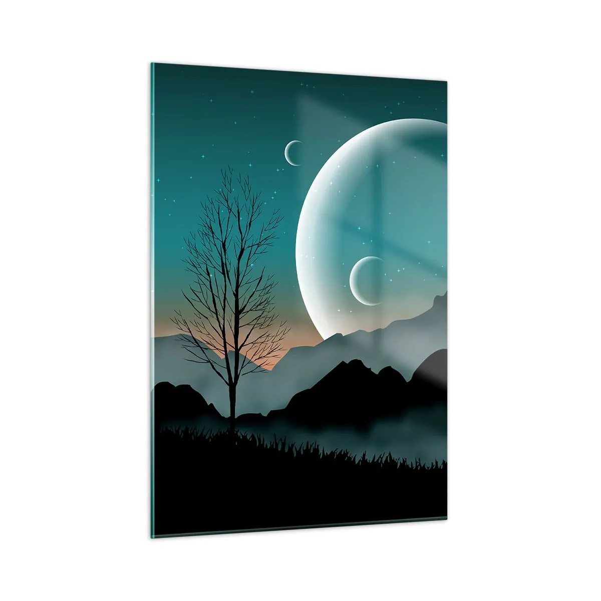 Cuadro sobre vidrio - Impresiones sobre Vidrio - Lunas sobre montañas con un árbol solitario y estrellas. - 50x70cm - Un carnaval de noche estrellada - Decoración de pared moderna para salón y dormitorio ARTTOR