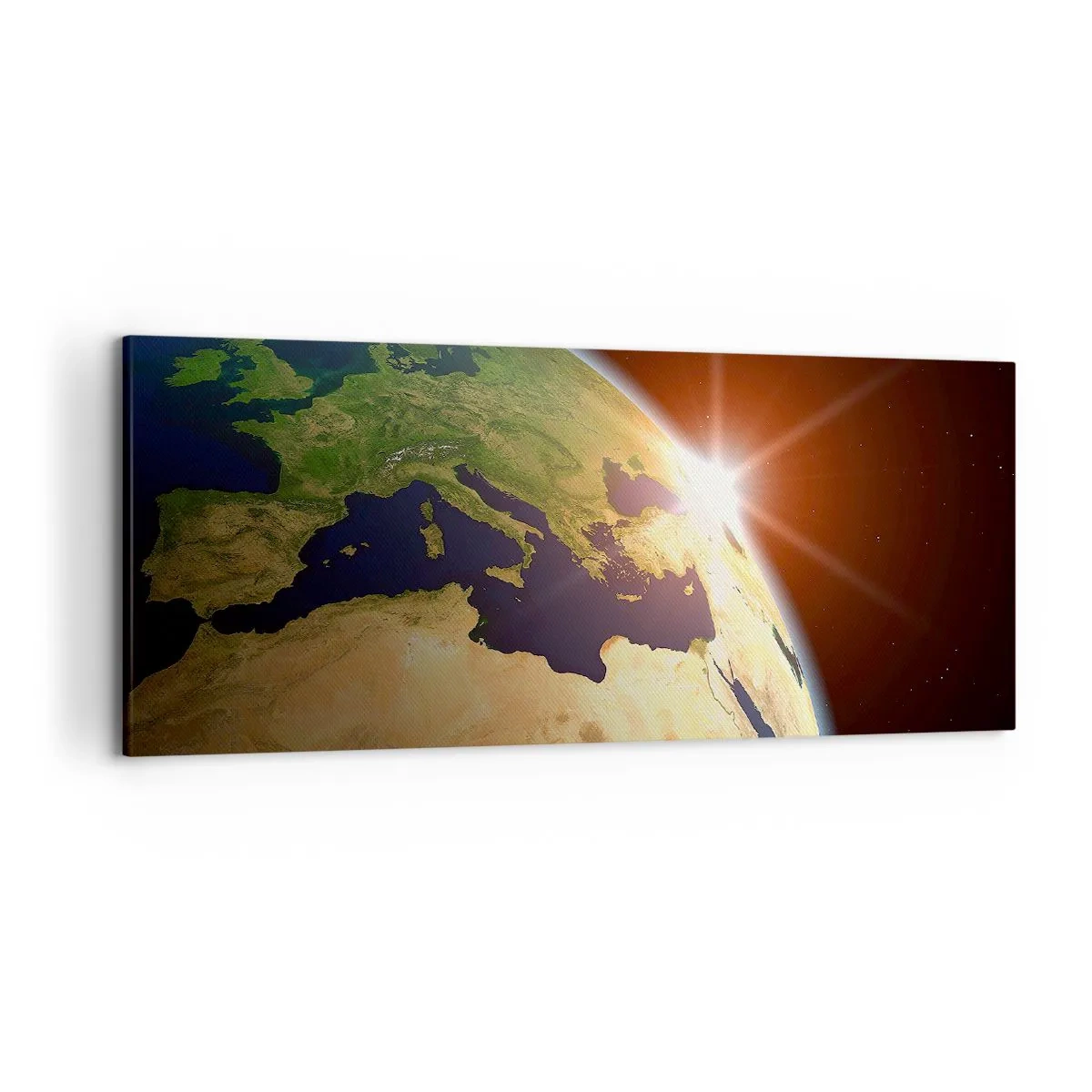 Cuadro sobre lienzo - Impresión de Imagen - Vista de la Tierra desde el espacio con rayos de sol en el horizonte - 120x50cm - Amanecer - Decoración de pared moderna para salón y dormitorio ARTTOR