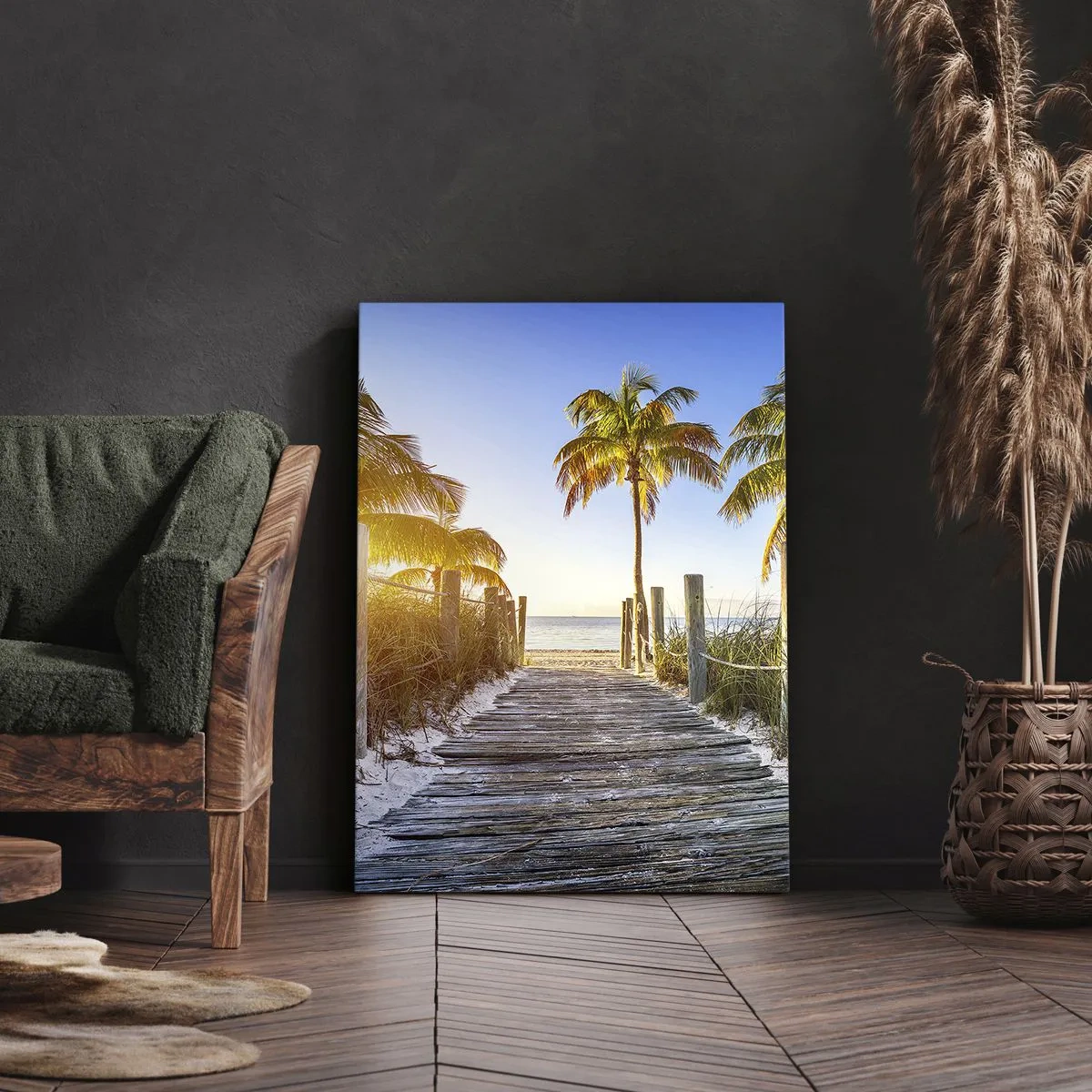 Cuadro sobre lienzo - Impresión de Imagen - Camino de madera en la playa con palmeras al fondo - 80x120cm - Directo al paraíso - Decoración de pared moderna para salón y dormitorio ARTTOR