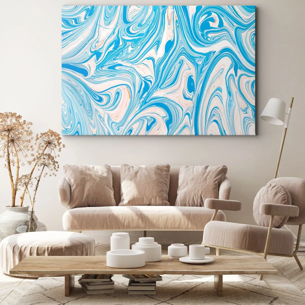 Cuadro sobre lienzo - Impresión de Imagen - Remolinos abstractos de estilo mármol azul y blanco - 70x50cm - Llanura de inundación turquesa - Decoración de pared moderna para salón y dormitorio ARTTOR