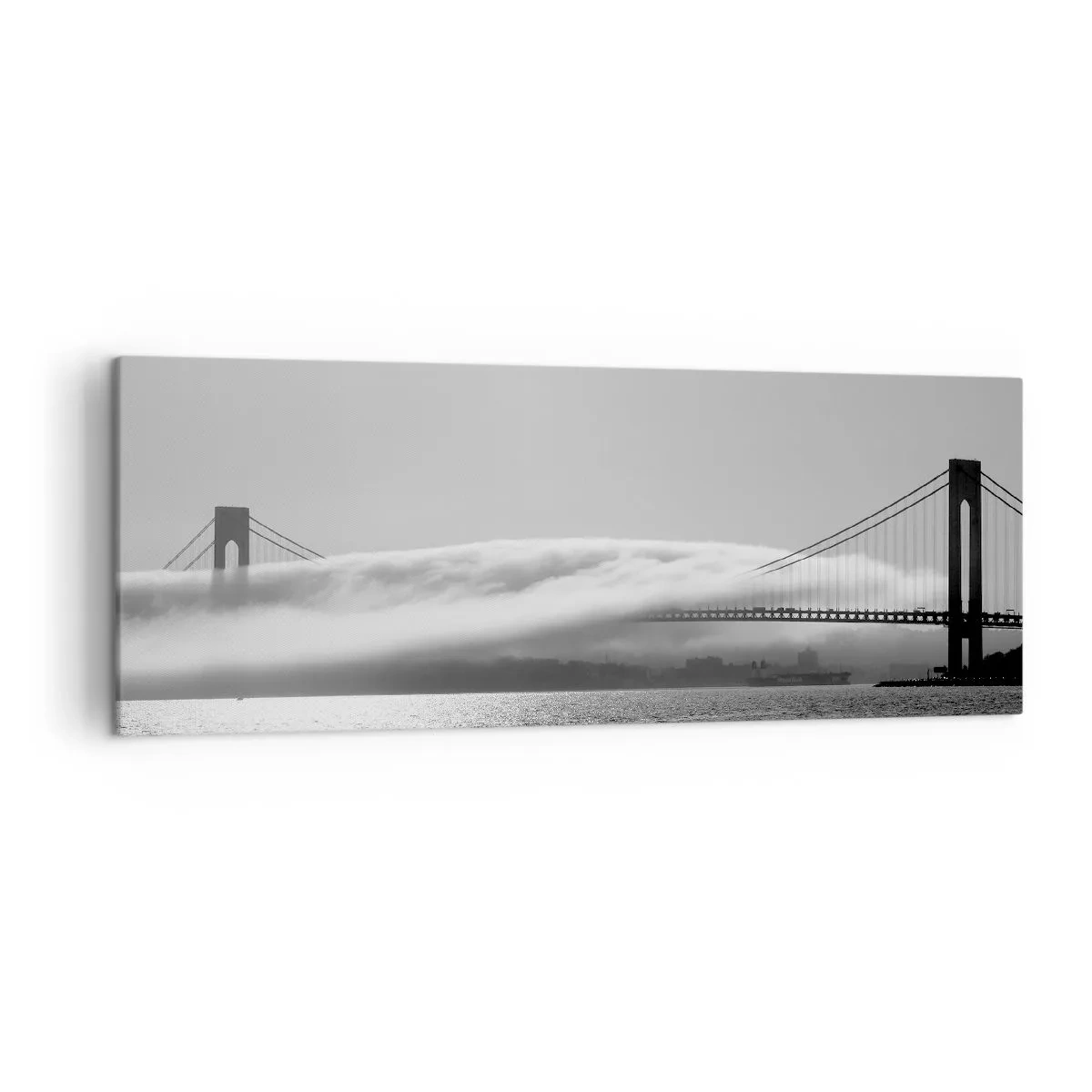 Cuadro sobre lienzo - Impresión de Imagen - Un puente sobre el agua envuelto en niebla en una toma en blanco y negro. - 140x50cm - Navegue por el Golden Gate - Decoración de pared moderna para salón y dormitorio ARTTOR