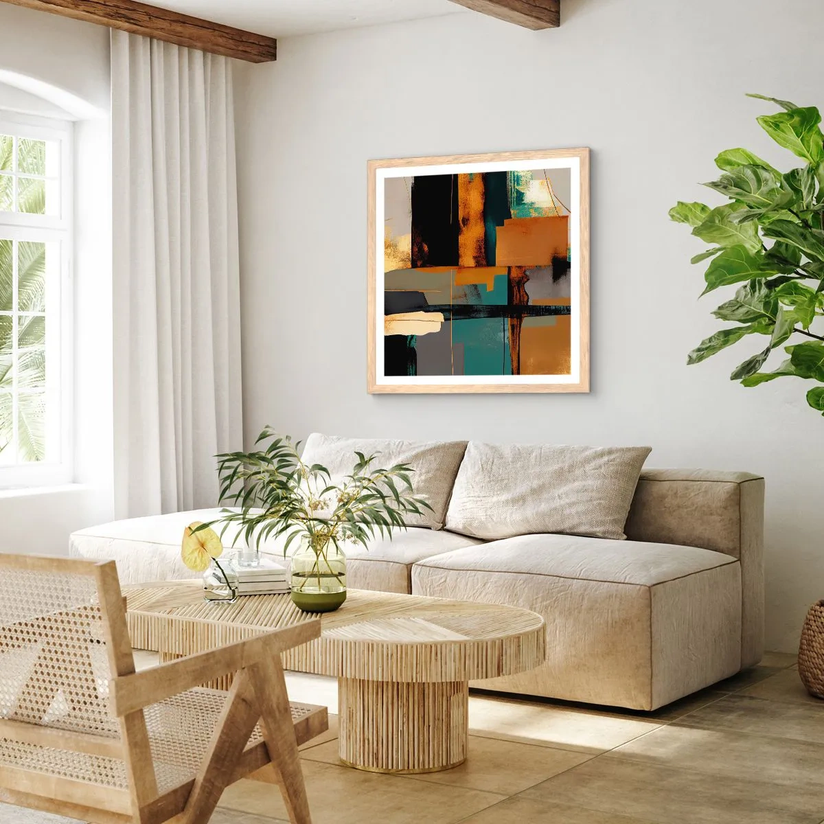 Póster en marco roble claro - Abstracción: luces y sombras - 40x40 cm