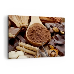 Cuadro sobre lienzo - Impresión de Imagen - Una cucharada de ingredientes de cacao y chocolate en un arreglo rústico. - 120x80cm - Lo mejor para las penas - Decoración de pared moderna para salón y dormitorio ARTTOR