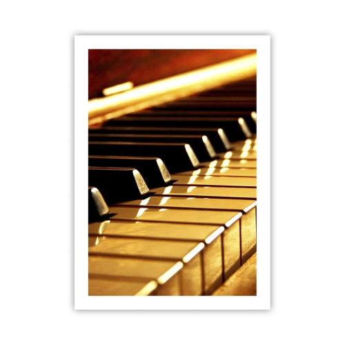 Póster - Primer plano de las teclas del piano bajo una luz dorada - 50x70cm - Posibilidades ilimitadas - Decoración de pared moderna para salón y dormitorio ARTTOR