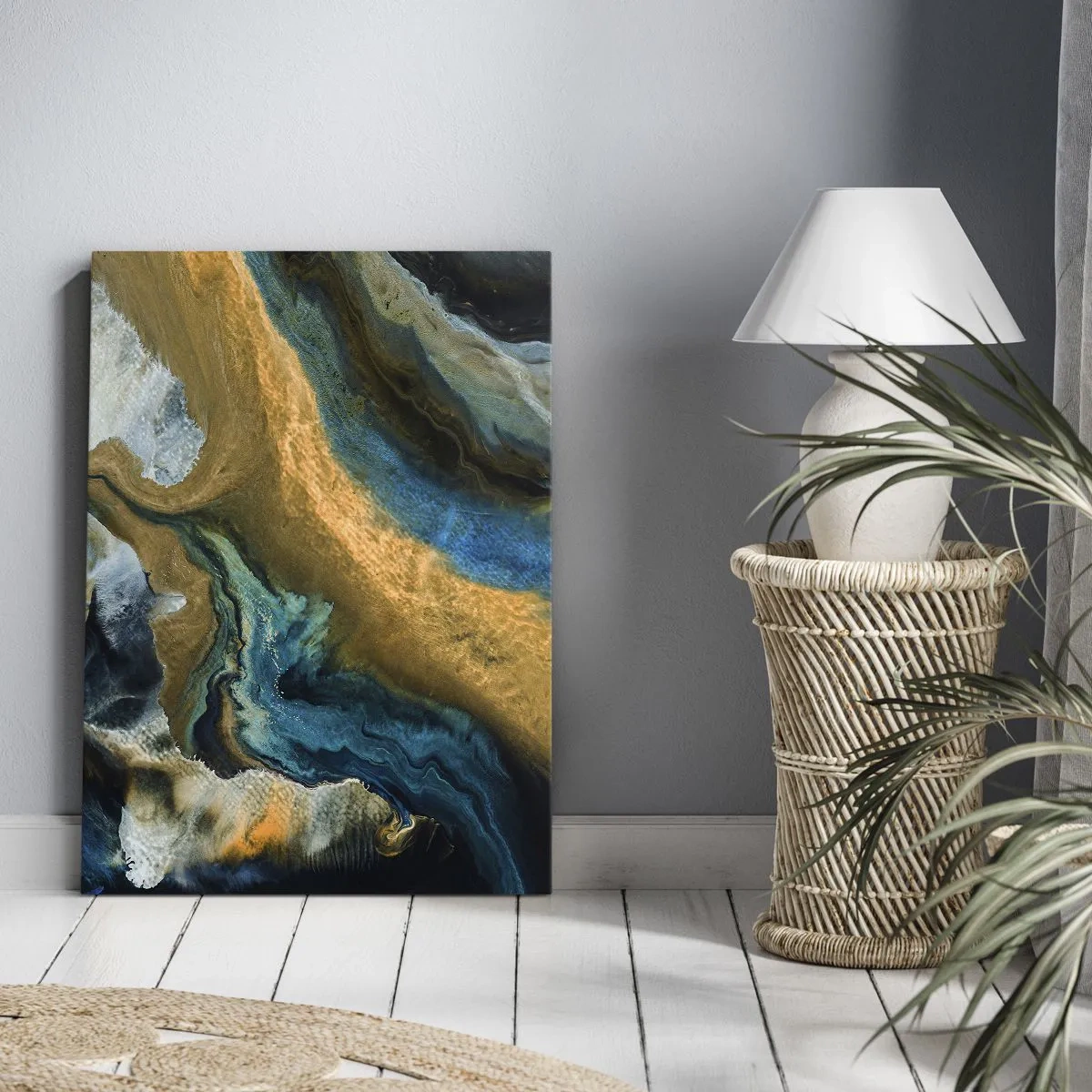 Cuadro sobre lienzo - Impresión de Imagen - Ondas abstractas en tonos dorados y azules. - 50x70cm - Azul - amarillo - influencia mutua - Decoración de pared moderna para salón y dormitorio ARTTOR