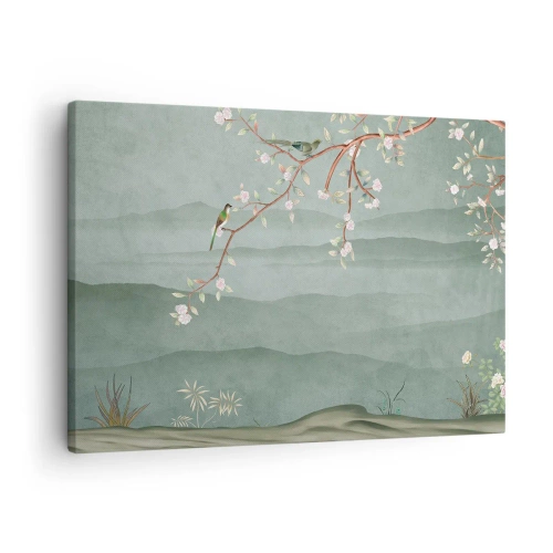Cuadro sobre lienzo - Impresión de Imagen - Una imagen pintoresca de la rama de un árbol en flor con pájaros sobre un fondo de colinas verdes. - 70x50cm - Primavera, ah, eres tú - Decoración de pared moderna para salón y dormitorio ARTTOR