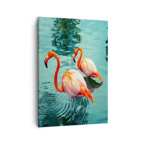 Cuadro sobre lienzo - Impresión de Imagen - Dos flamencos en el agua tranquila reflejando su entorno. - 50x70cm - Estamos de moda - Decoración de pared moderna para salón y dormitorio ARTTOR