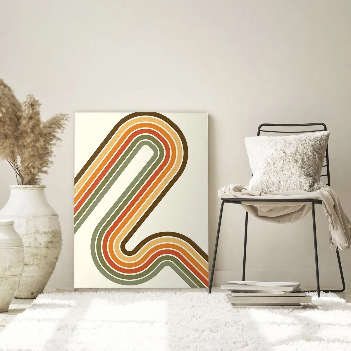 Cuadro sobre vidrio - Impresiones sobre Vidrio - Patrón geométrico en tonos verde, naranja y beige sobre un fondo claro. - 70x100cm - Zigzagueando hasta su destino - Decoración de pared moderna para salón y dormitorio ARTTOR