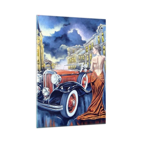Cuadro sobre vidrio - Impresiones sobre Vidrio - Una mujer con un vestido elegante junto a un coche retro por la noche. - 80x120cm - Noche de romanticismo - Decoración de pared moderna para salón y dormitorio ARTTOR