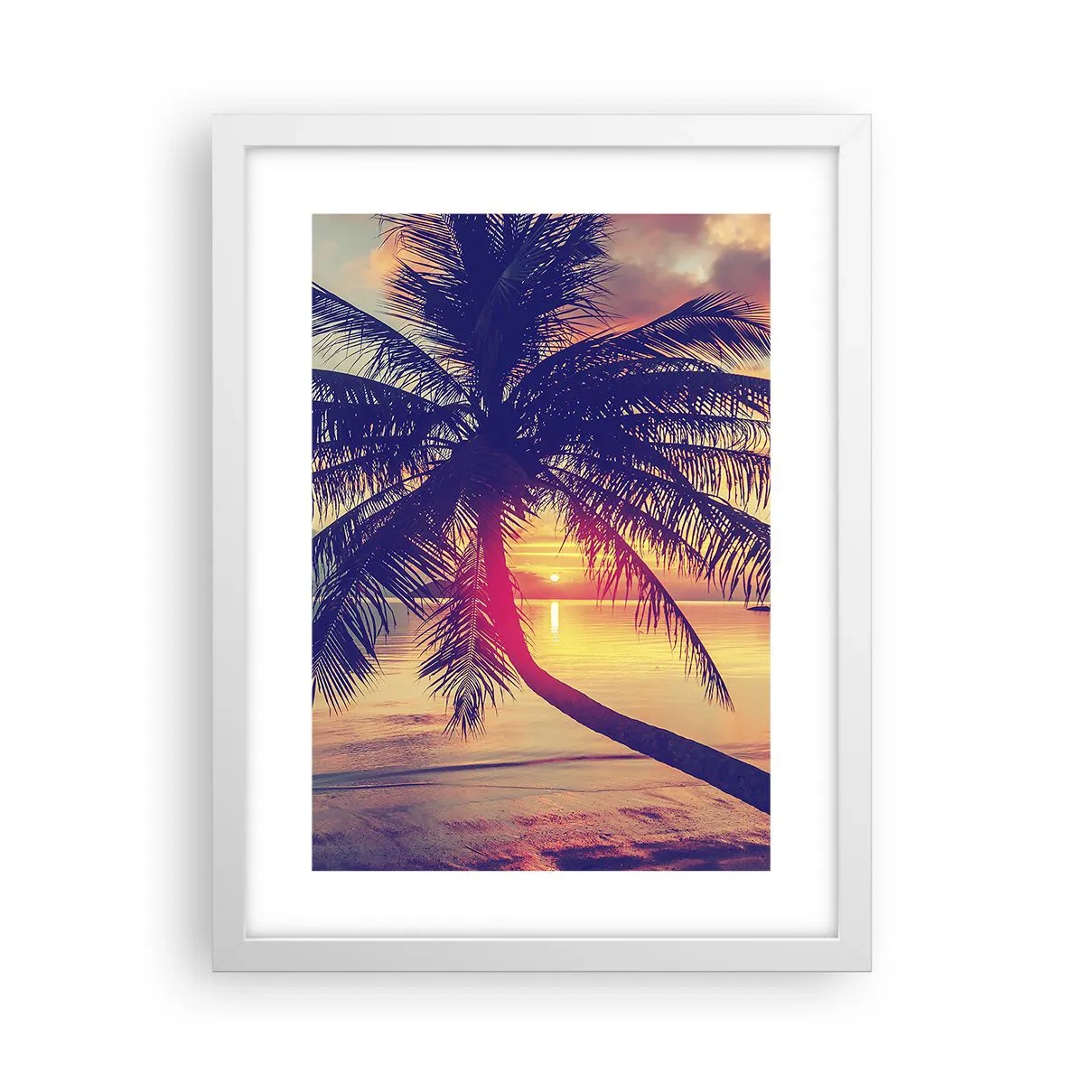 Póster en marco blanco - Atardecer bajo las palmeras - 30x40 cm
