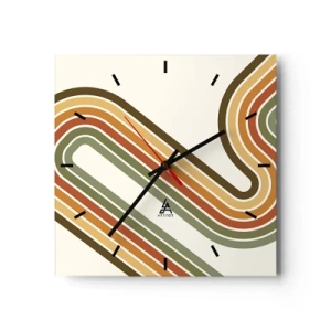 Reloj de pared - Reloj de vidrio - Patrón geométrico en tonos verde, naranja y beige sobre un fondo claro. - 30x30cm - Zigzagueando hasta su destino - Decoración de pared moderna para salón y dormitorio ARTTOR