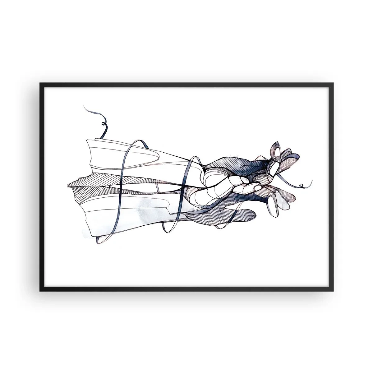 Póster en marco negro - Un dibujo sutil de una mano con una delicada flor. - 100x70cm - Un estudio sobre el contacto - Decoración de pared moderna para salón y dormitorio ARTTOR