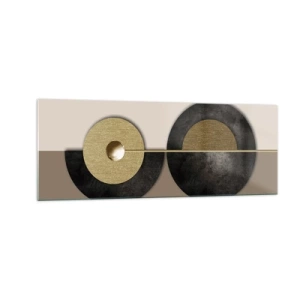 Cuadro sobre vidrio - Impresiones sobre Vidrio - Círculos abstractos en tonos dorados y marrones. - 140x50cm - Variaciones en torno a un círculo - Decoración de pared moderna para salón y dormitorio ARTTOR