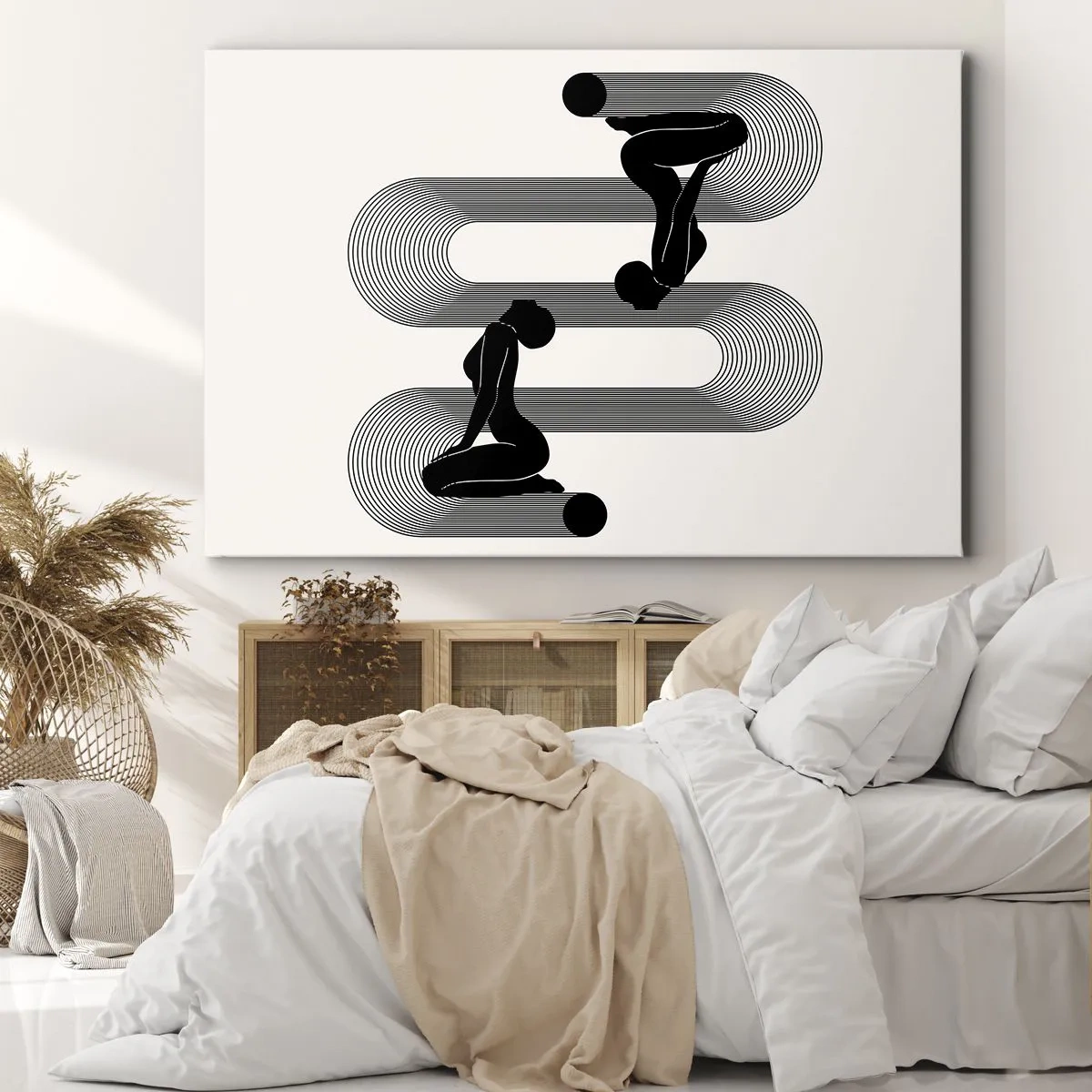 Cuadro sobre lienzo - Impresión de Imagen - Siluetas negras con líneas geométricas sobre un fondo claro - 70x50cm - Simetría sensual - Decoración de pared moderna para salón y dormitorio ARTTOR