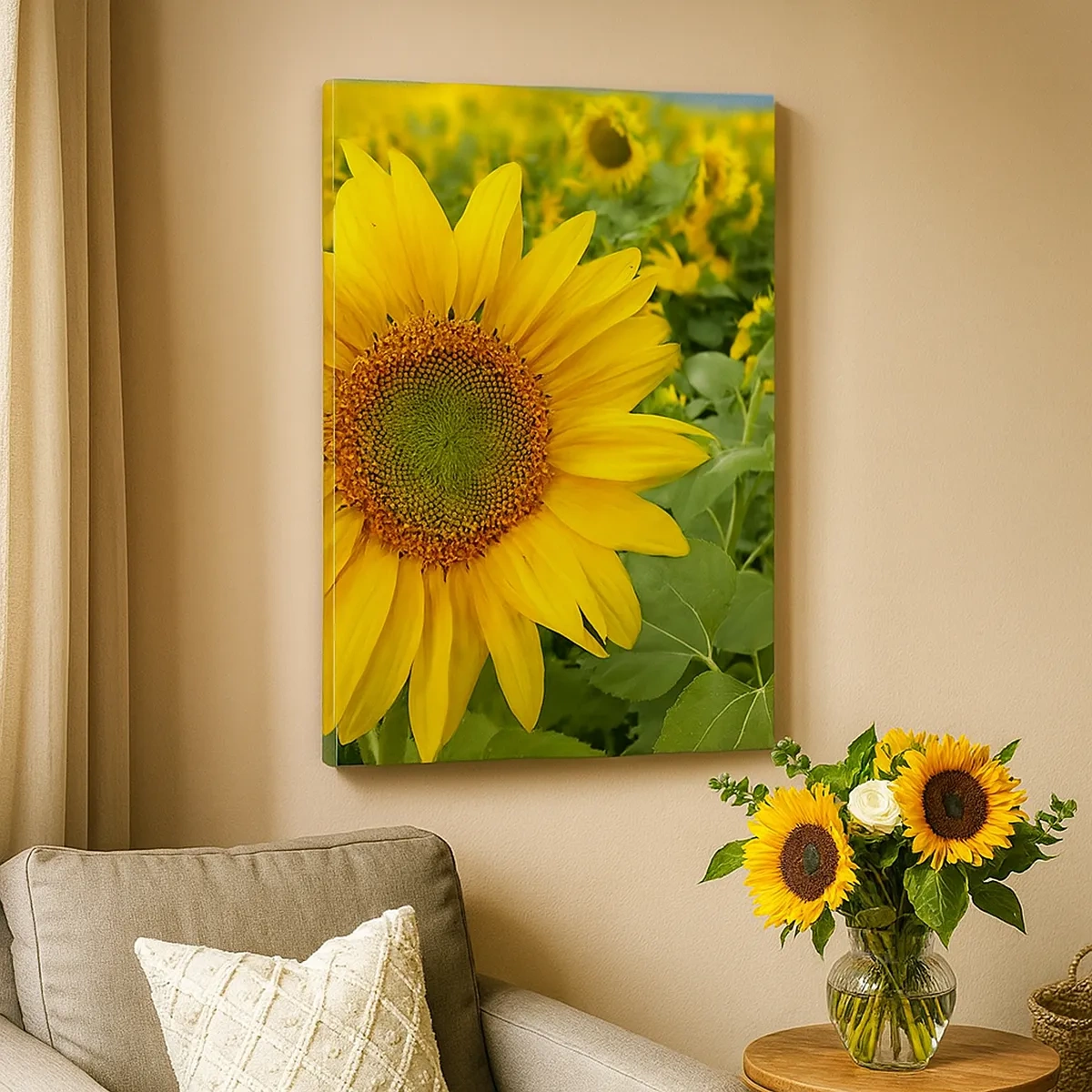 Cuadro sobre lienzo - Impresión de Imagen - Un campo de girasoles con flores amarillas sobre un fondo de hojas verdes. - 50x70cm - Cientos de soles estallan - Decoración de pared moderna para salón y dormitorio ARTTOR