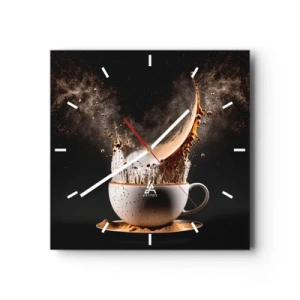 Reloj de pared - Reloj de vidrio - Una taza de café con una explosión dinámica de líquido sobre un fondo negro. - 30x30cm - Una explosión de sabor - Decoración de pared moderna para salón y dormitorio ARTTOR