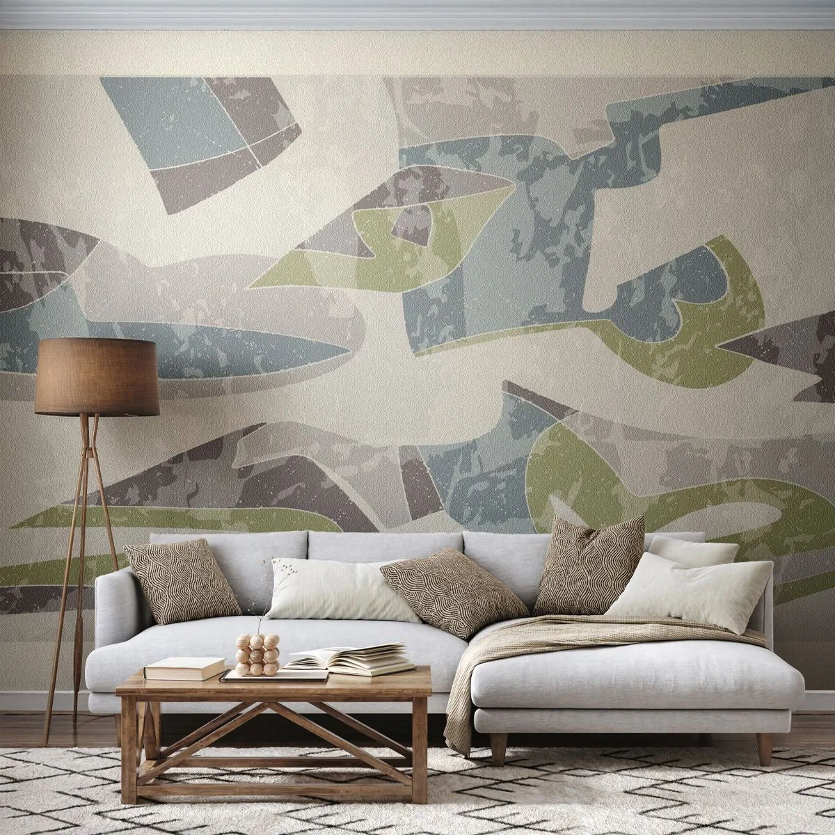 Fotomural Premium Canvas - Formas abstractas en verde y azul sobre un fondo claro - 100x70cm - Composición tras vidriera - Decoración de pared moderna para salón y dormitorio ARTTOR