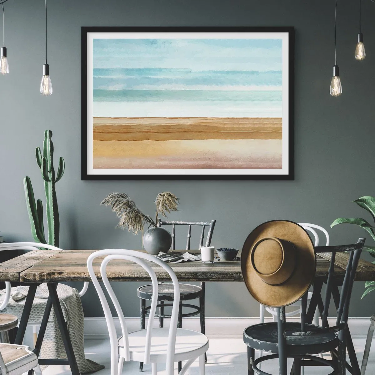 Póster en marco negro - Paisaje de playa abstracto en tonos pastel - 70x50cm - Serenidad - Decoración de pared moderna para salón y dormitorio ARTTOR