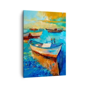 Cuadro sobre lienzo - Impresión de Imagen - Barcos coloridos amarrados en aguas tranquilas - 50x70cm - En la bahía sur - Decoración de pared moderna para salón y dormitorio ARTTOR