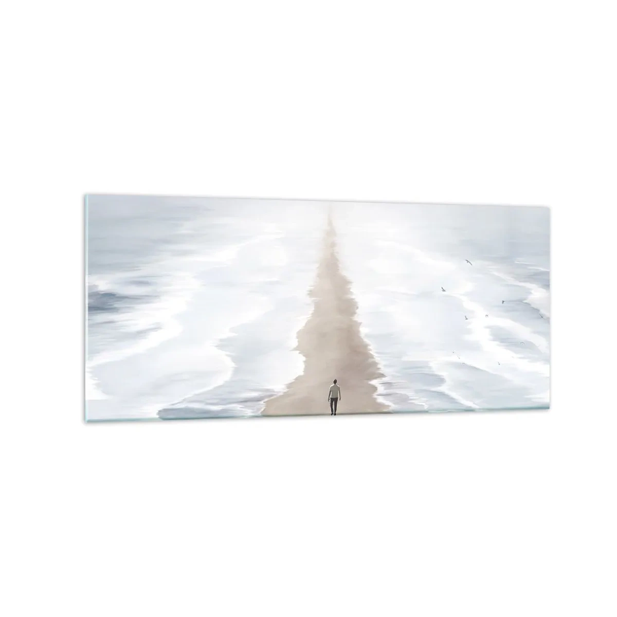 Cuadro sobre vidrio - Impresiones sobre Vidrio - Una figura en un camino solitario en medio de un vasto paisaje acuático. - 120x50cm - Un futuro brillante - Decoración de pared moderna para salón y dormitorio ARTTOR