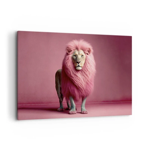 Cuadro sobre lienzo - Impresión de Imagen - Un león artísticamente representado con una melena rosa sobre un fondo rosa. - 100x70cm - Y ya no me tienes miedo - Decoración de pared moderna para salón y dormitorio ARTTOR