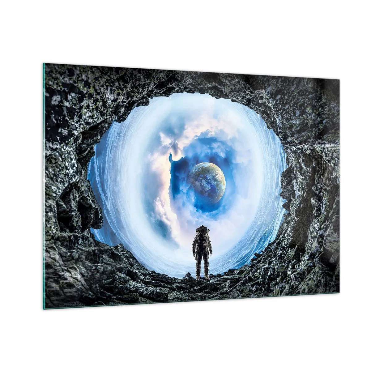Cuadro sobre vidrio - Impresiones sobre Vidrio - Un astronauta mirando la Tierra desde el interior de una cueva rocosa. - 100x70cm - No muy lejos de casa - Decoración de pared moderna para salón y dormitorio ARTTOR