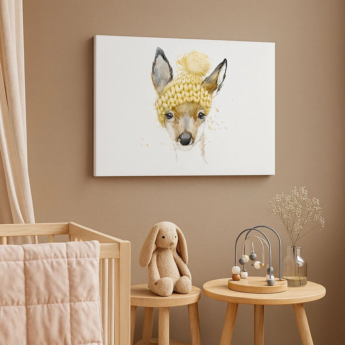 Cuadro sobre lienzo - Impresión de Imagen - Ciervo de acuarela con gorra amarilla - 70x50cm - Para el invierno en un bosque nevado - Decoración de pared moderna para salón y dormitorio ARTTOR